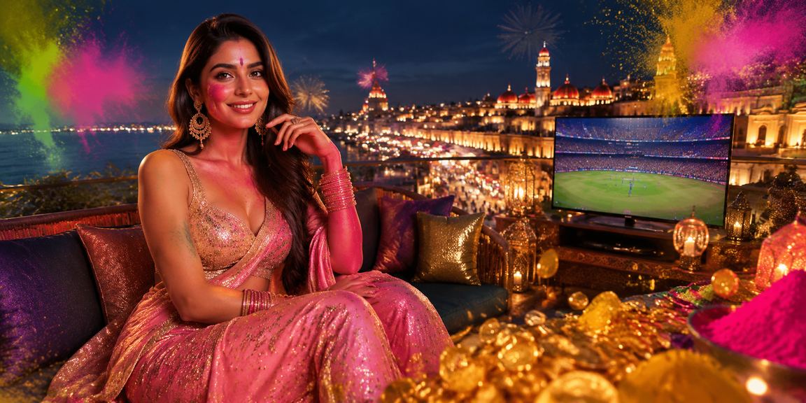 Celebratory Holi festival atmosphere as players enjoy live casino betting on onl8ne