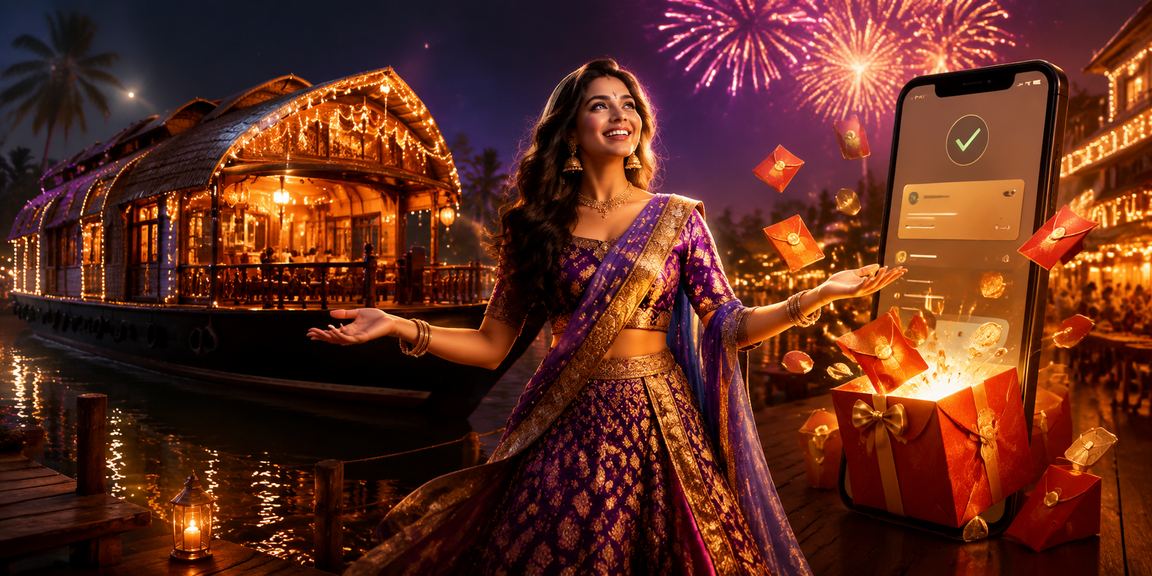 Kerala backwaters scene representing festive bonus in online payments